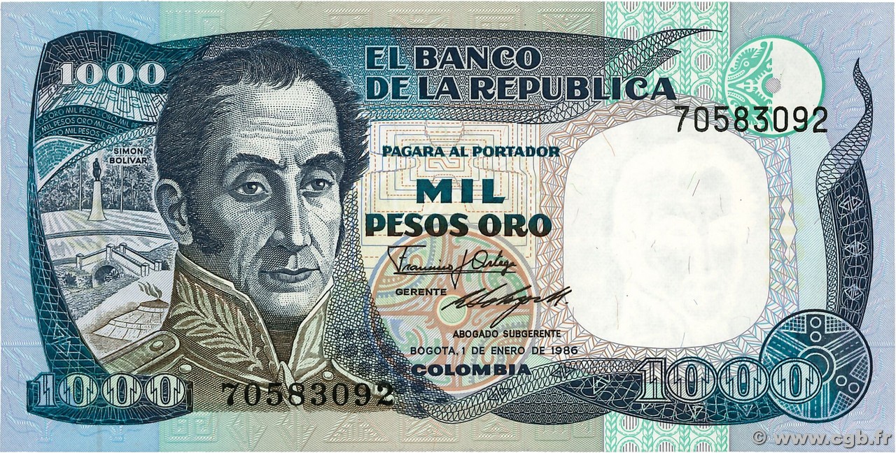 1000 Pesos Oro COLOMBIA  1986 P.424c FDC