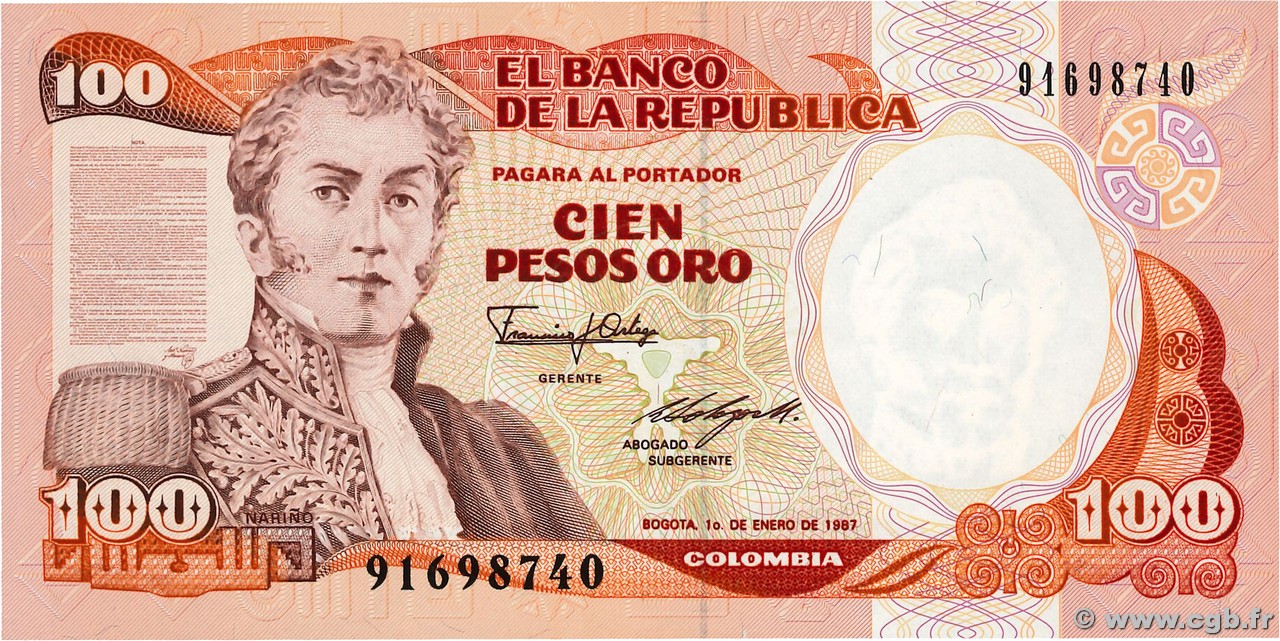 100 Pesos Oro COLOMBIE  1987 P.426c NEUF