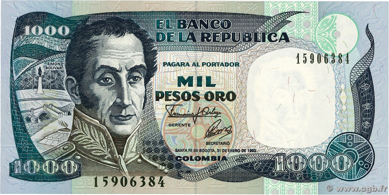 1000 Pesos Oro COLOMBIA  1992 P.432A FDC