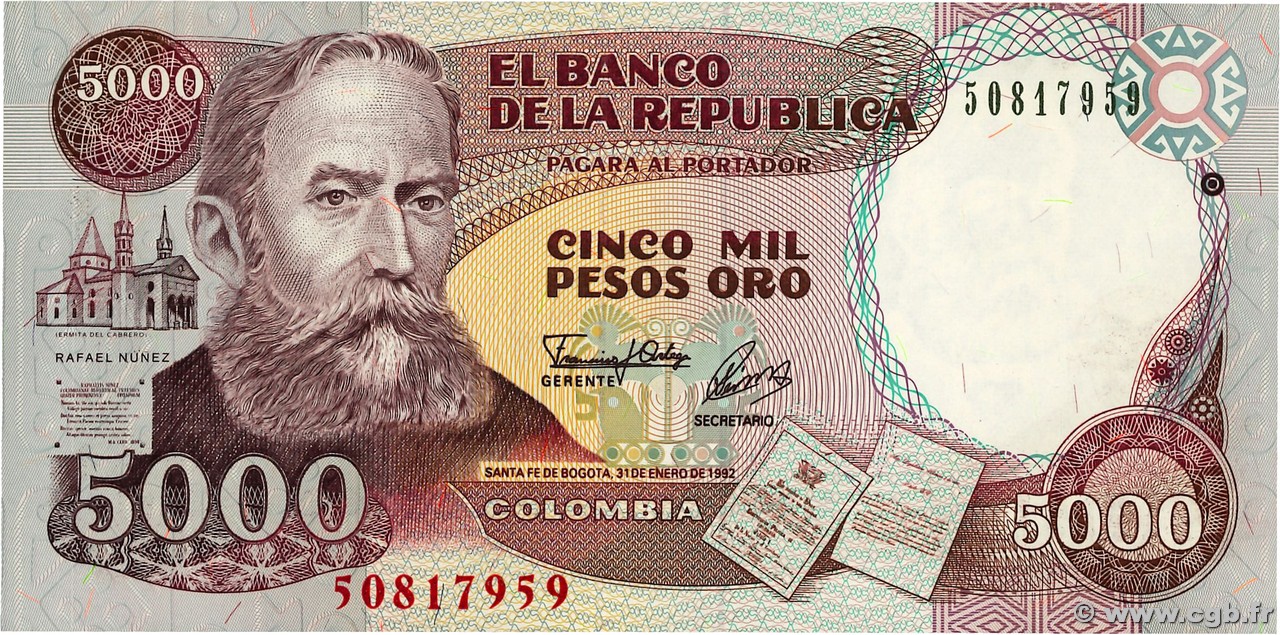 5000 Pesos Oro COLOMBIA  1992 P.436A FDC