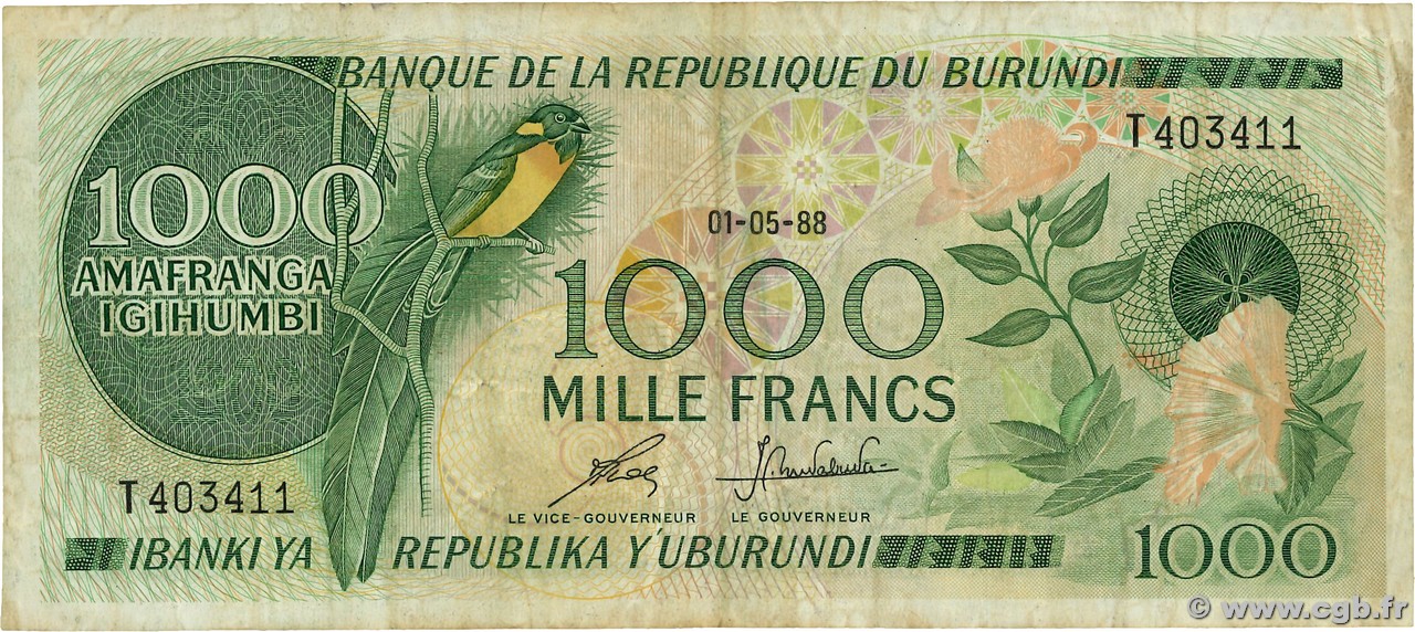 1000 Francs BURUNDI  1988 P.31d MB