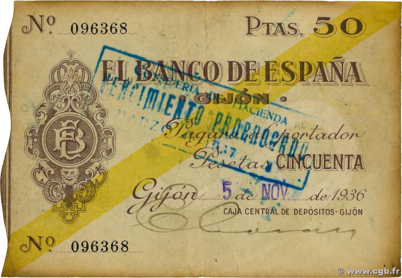 50 Pesetas SPAIN Gijon 1936 PS.574 F