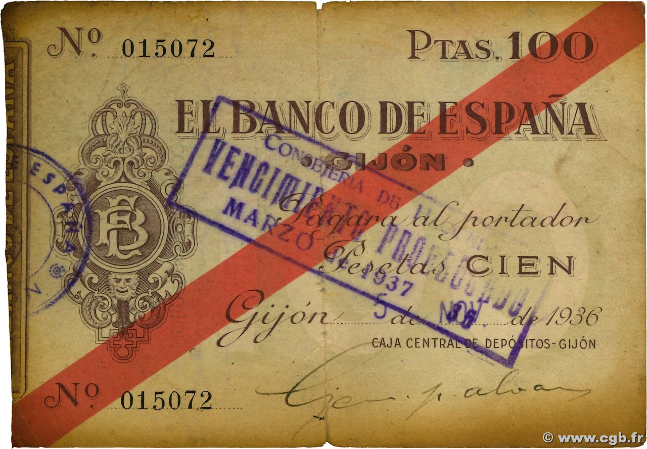 100 Pesetas ESPAÑA Gijon 1936 PS.575 RC+