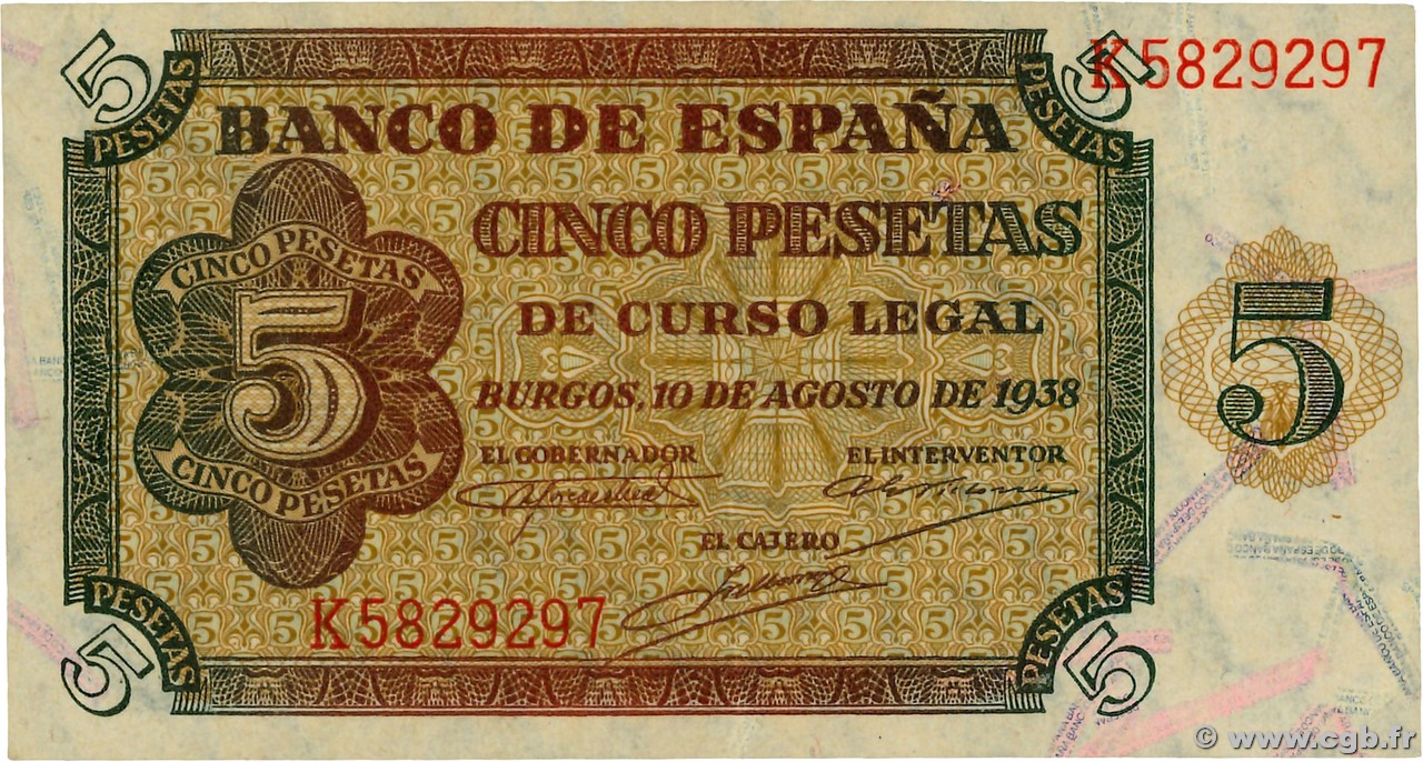 5 Pesetas SPAIN  1938 P.110a AU