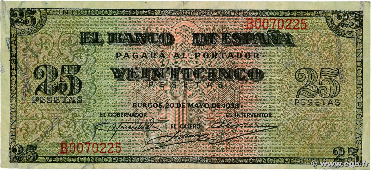 25 Pesetas SPANIEN  1938 P.111 fVZ