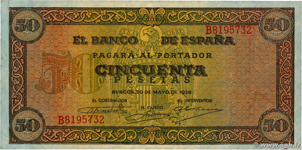 50 Pesetas SPAIN  1938 P.112 VF+