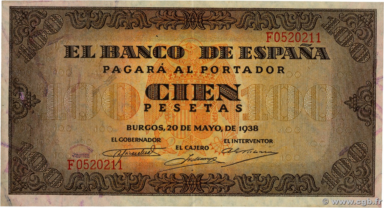 100 Pesetas SPANIEN  1938 P.113a VZ