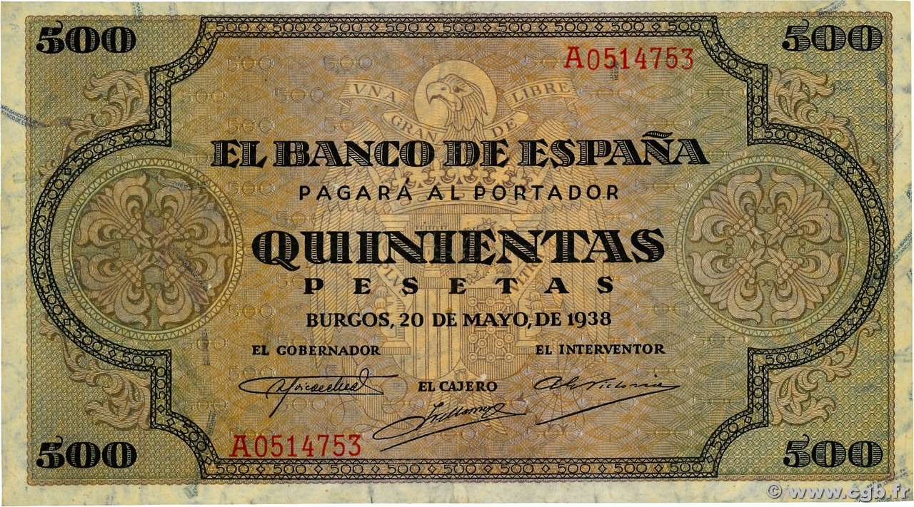 500 Pesetas SPAIN  1938 P.114 F+