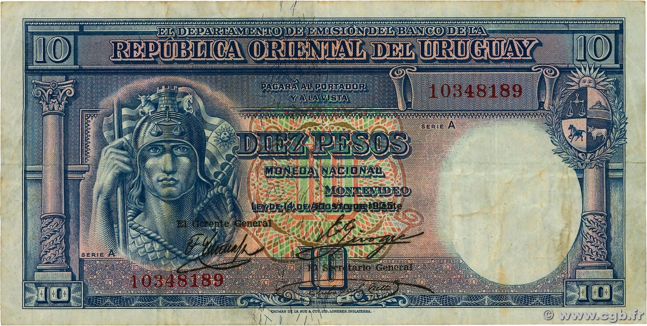 10 Pesos URUGUAY  1935 P.030b TB