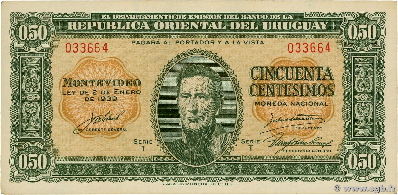 50 Centesimos URUGUAY  1939 P.034 pr.NEUF