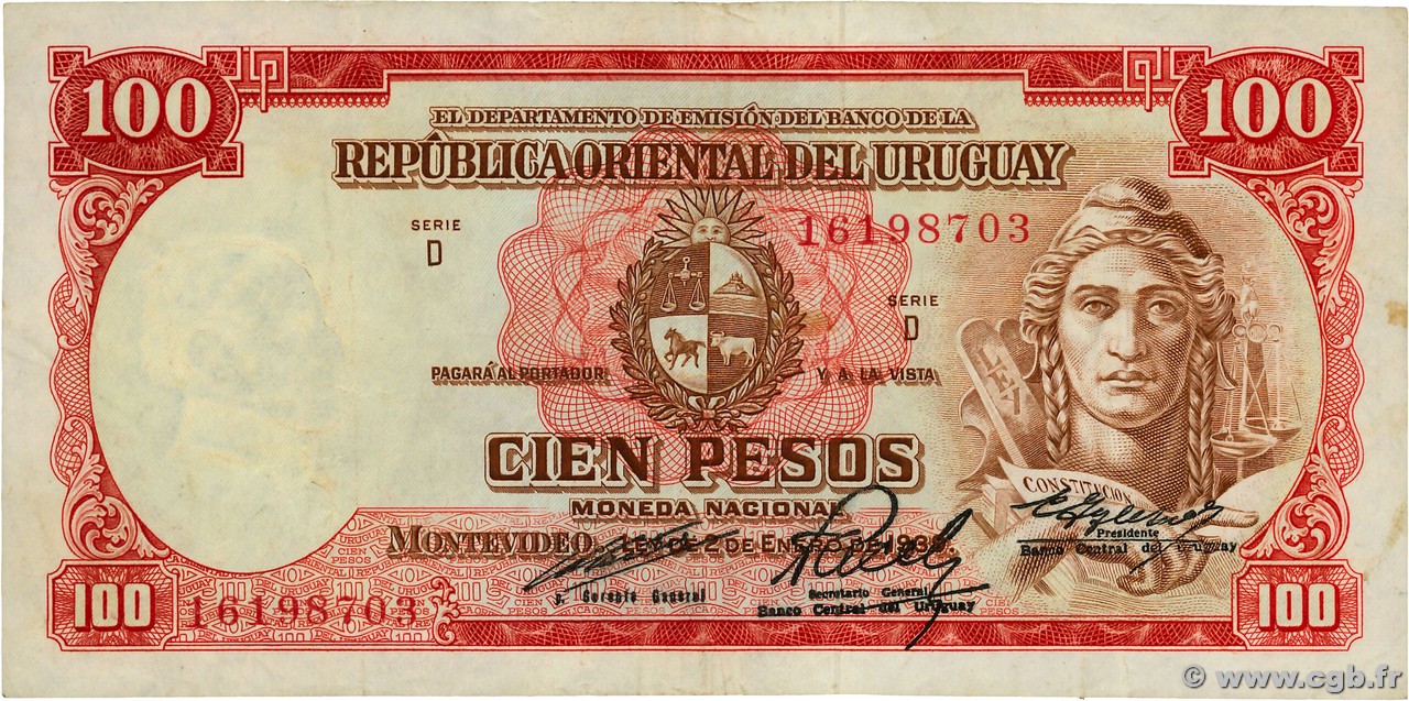 100 Pesos URUGUAY  1967 P.043c VF