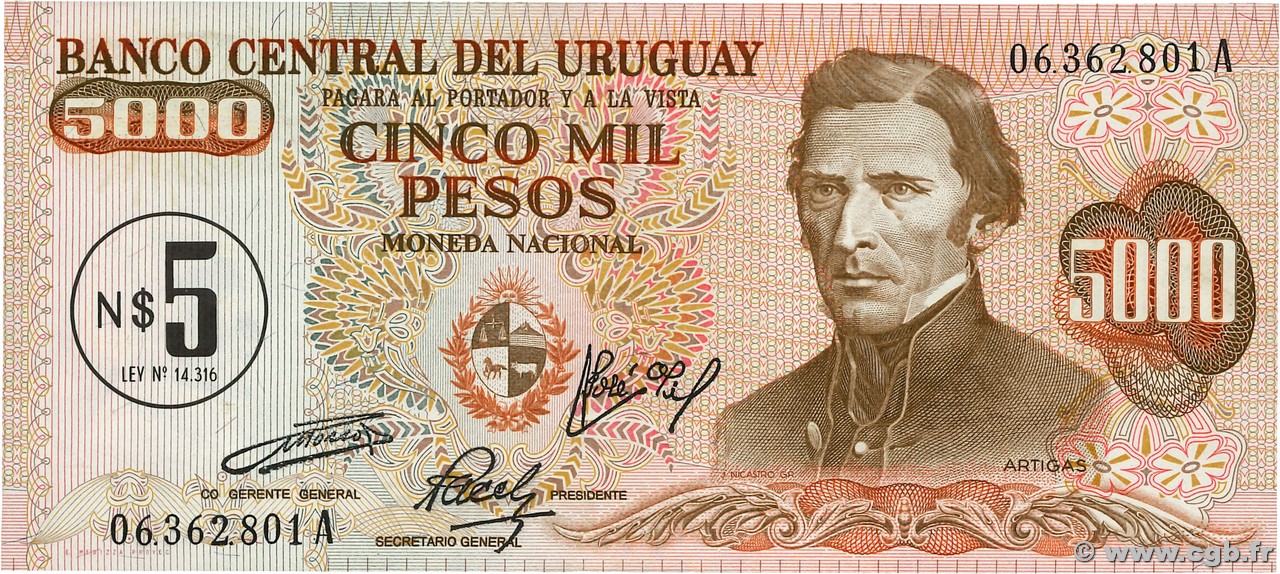 5 Nuevos Pesos sur 5000 Pesos URUGUAY  1975 P.057 FDC