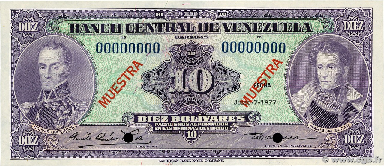 10 Bolivares Spécimen VENEZUELA  1977 P.051s3 NEUF