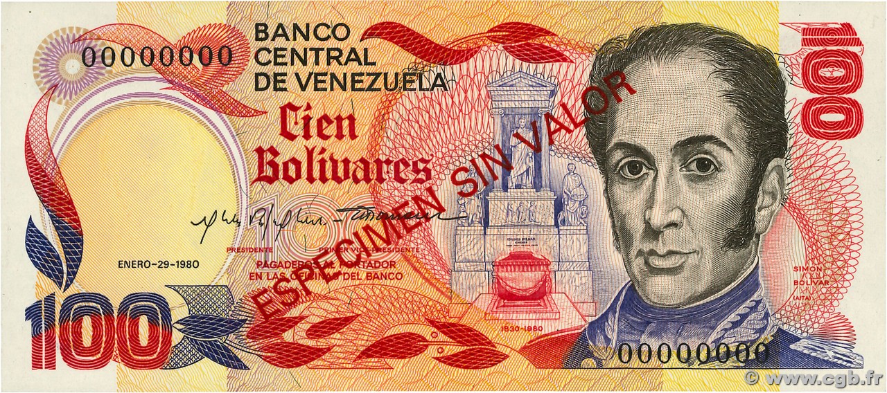 100 Bolivares Spécimen VENEZUELA  1980 P.059s UNC