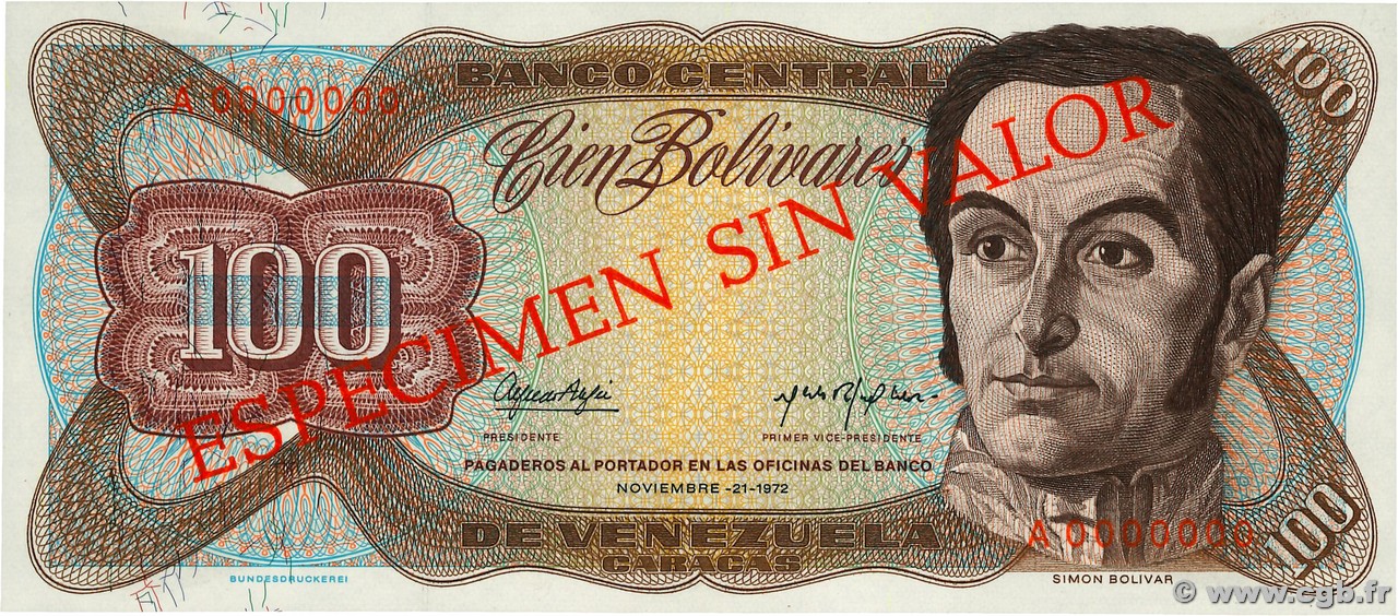 100 Bolivares Spécimen VENEZUELA  1972 P.055s1 NEUF