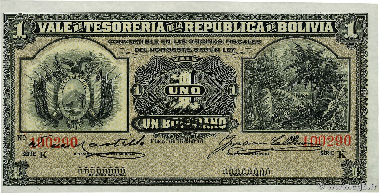 1 Boliviano BOLIVIA  1902 P.092a UNC