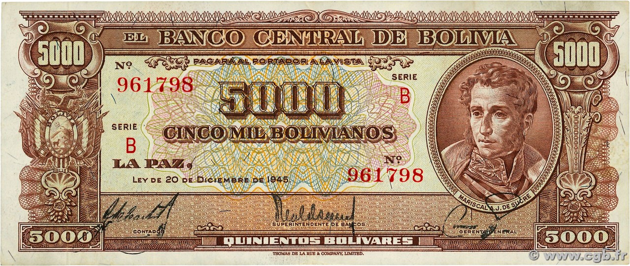 5000 Bolivianos BOLIVIE  1945 P.145 TTB