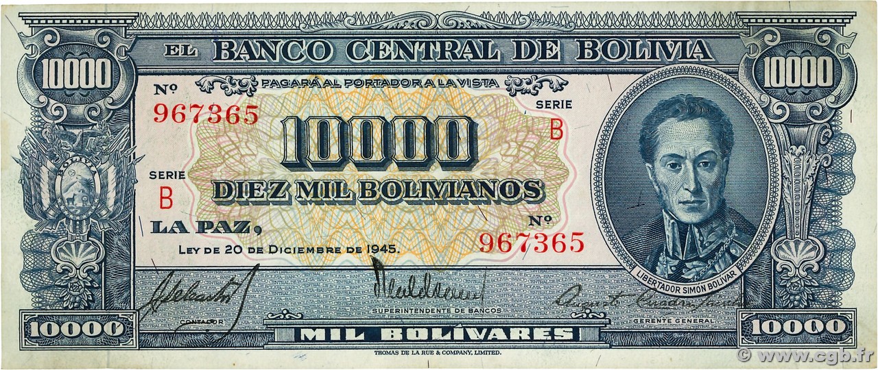 10000 Bolivianos BOLIVIA  1945 P.151 EBC