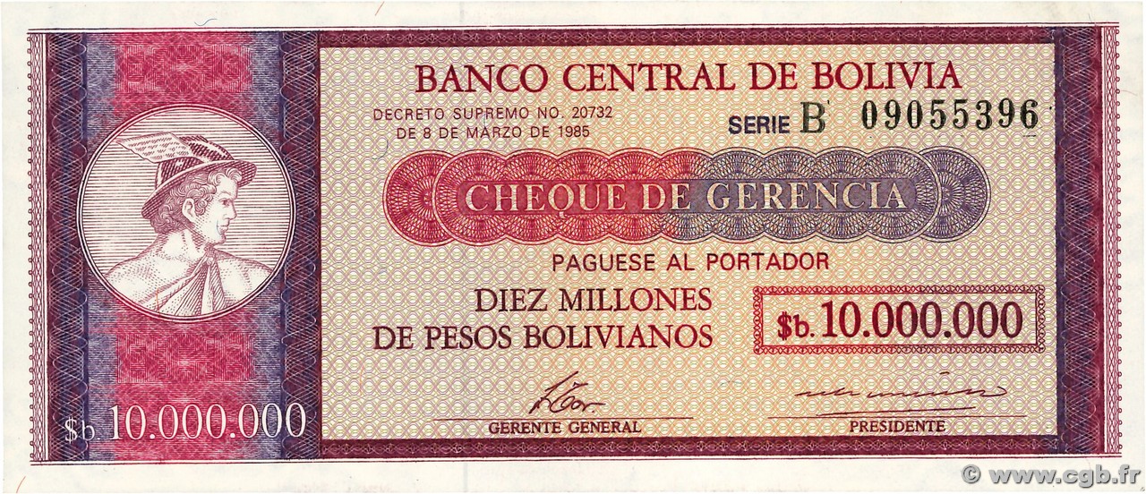 10000000 Pesos Bolivianos BOLIVIEN  1985 P.192B ST