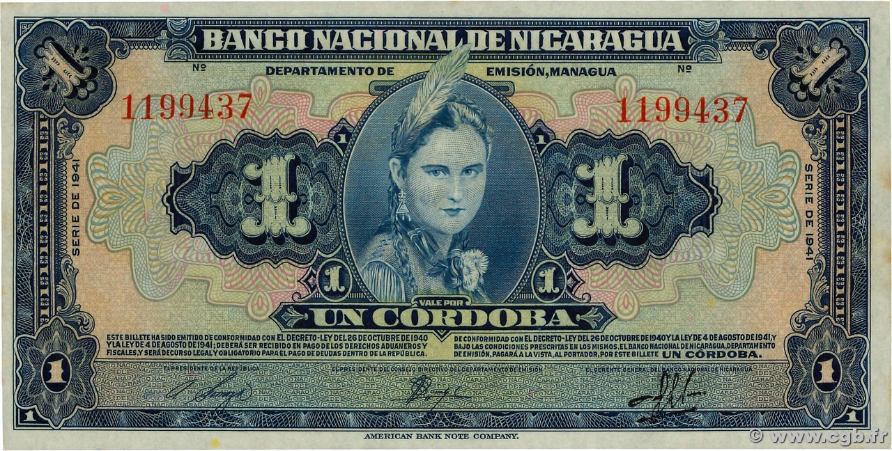 1 Cordoba NICARAGUA  1941 P.090a SC+
