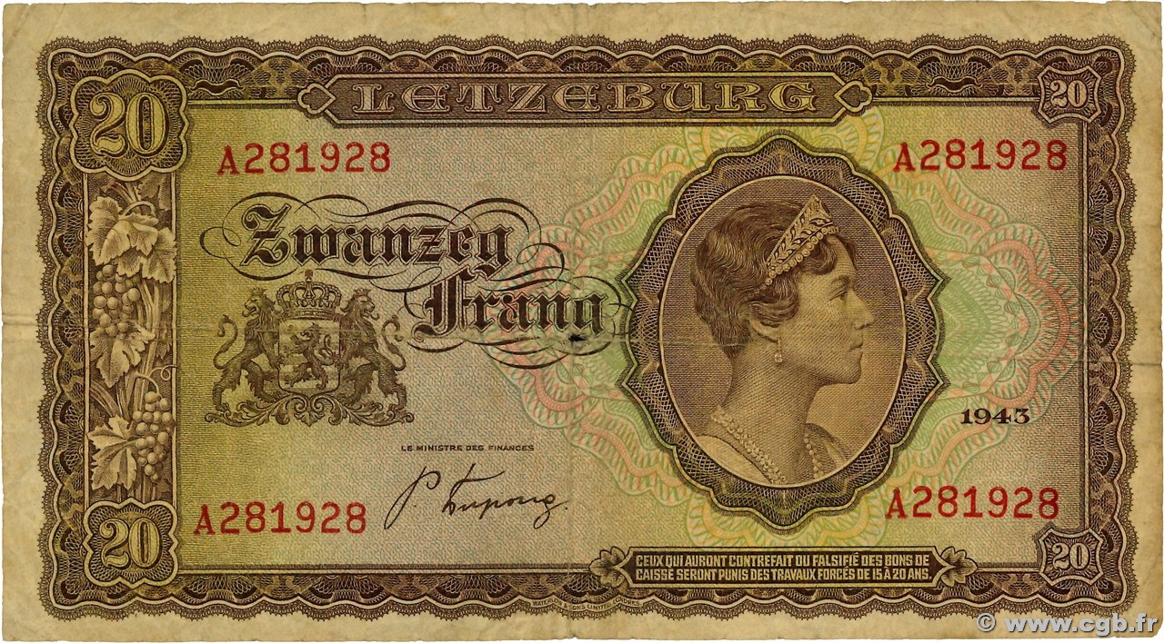 20 Frang LUXEMBURG  1943 P.42a fS