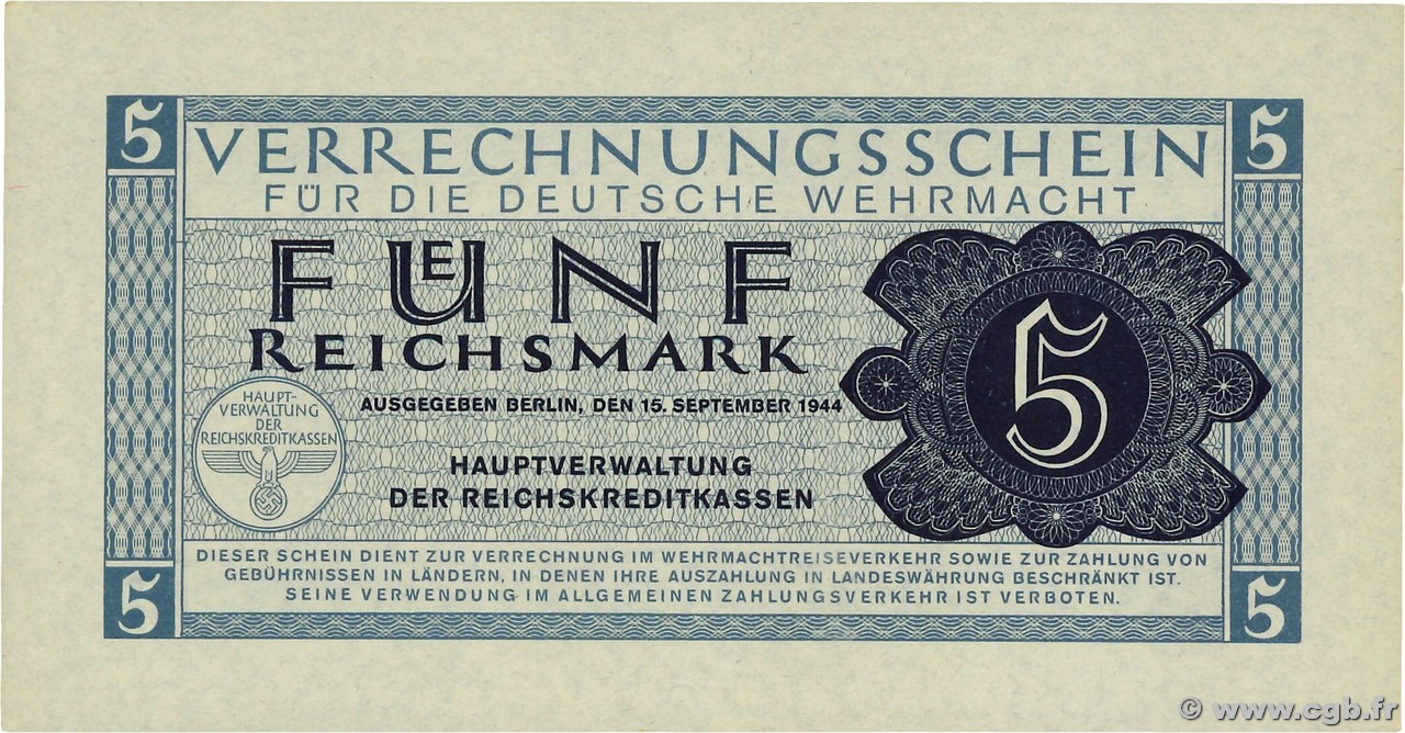 5 Reichsmark GERMANY  1944 P.M39 UNC