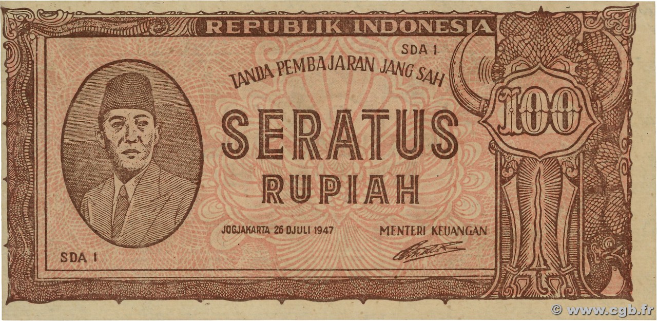 100 Rupiah INDONESIA  1947 P.029 SC+