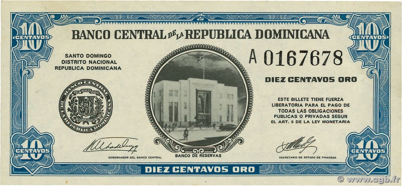 10 Centavos Oro RÉPUBLIQUE DOMINICAINE  1961 P.085a AU