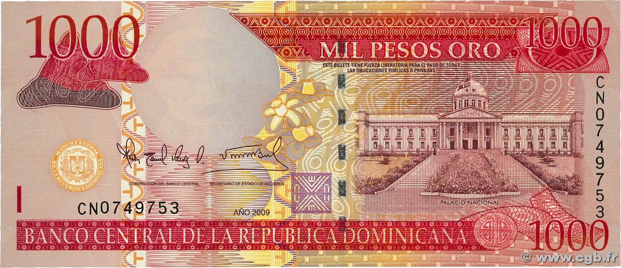 1000 Pesos Oro RÉpublique Dominicaine 2009 P180b B014743 Banconote