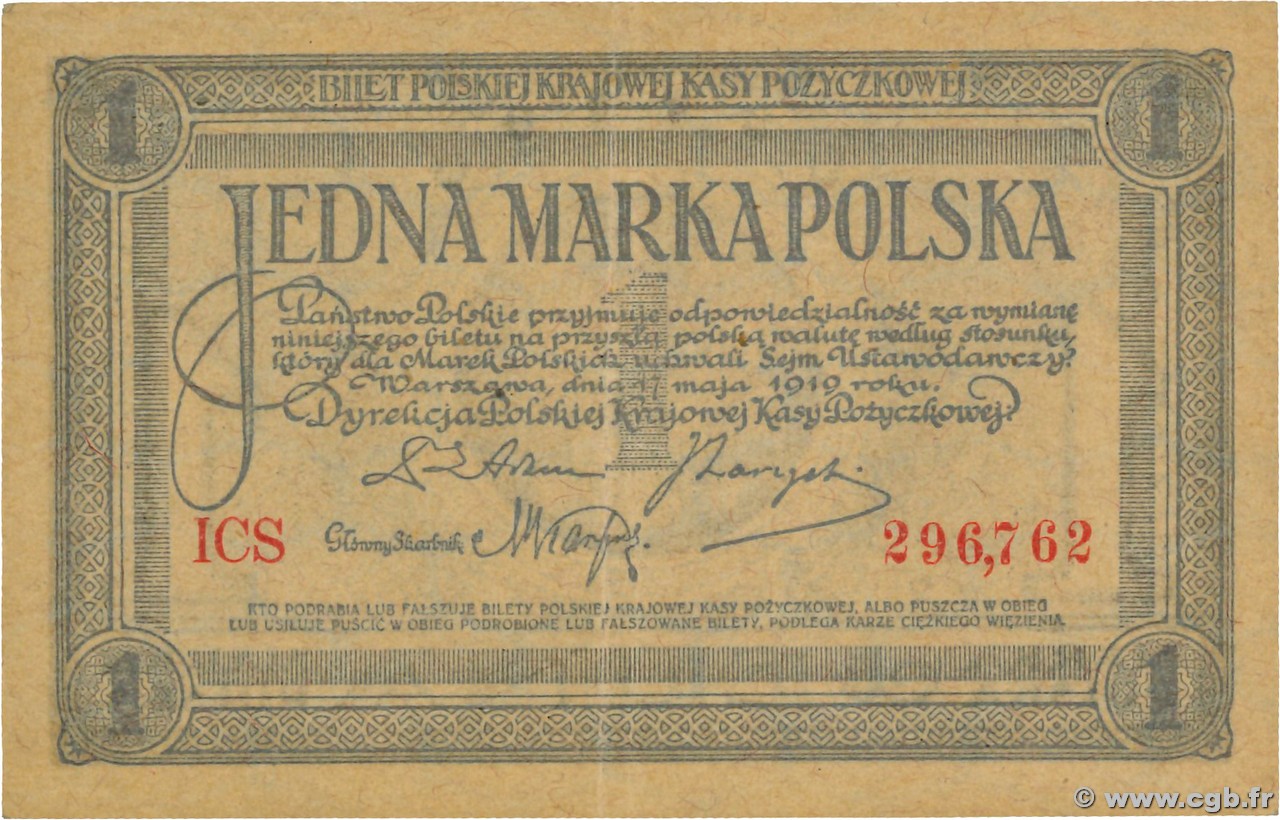 1 Marka POLAND  1919 P.019 XF