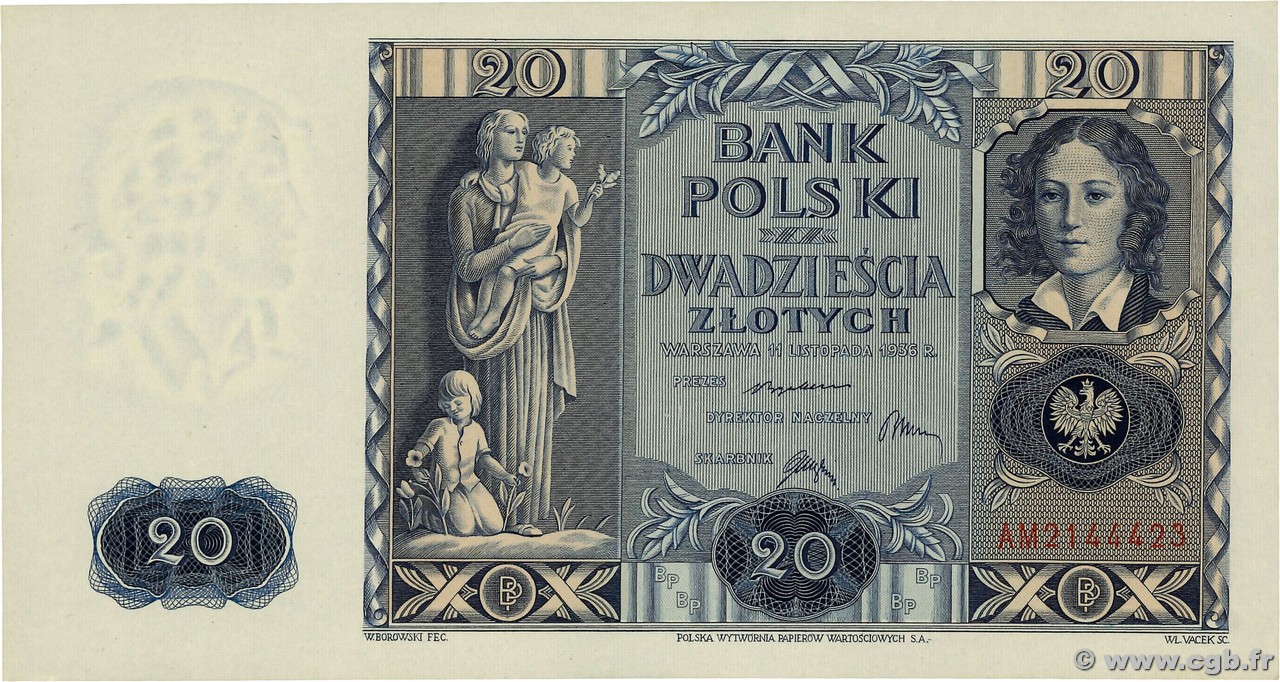 20 Zlotych POLAND  1936 P.077 UNC-