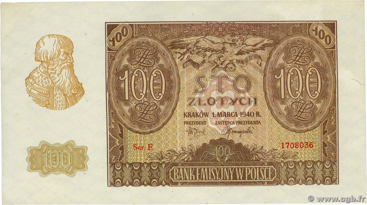 100 Zlotych POLAND  1940 P.097 AU