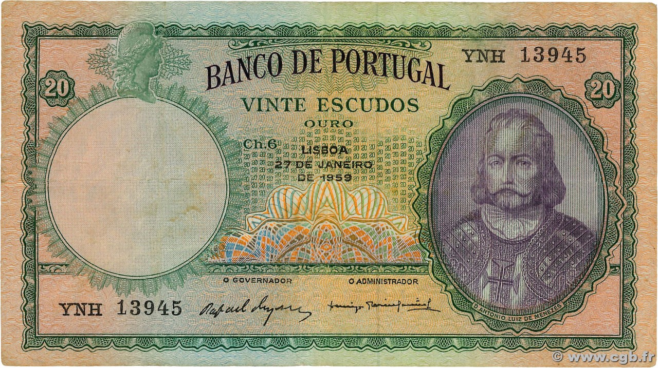 20 Escudos PORTUGAL  1954 P.153b F+