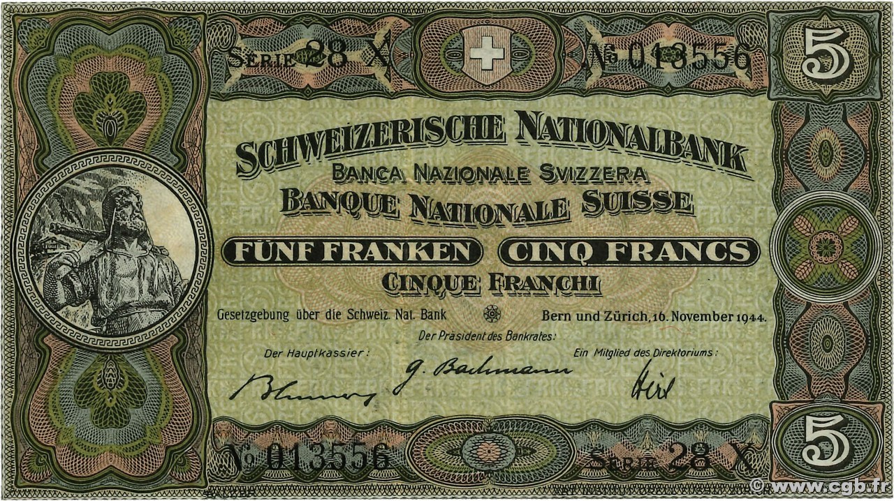 5 Francs SUISSE  1944 P.11k TTB+