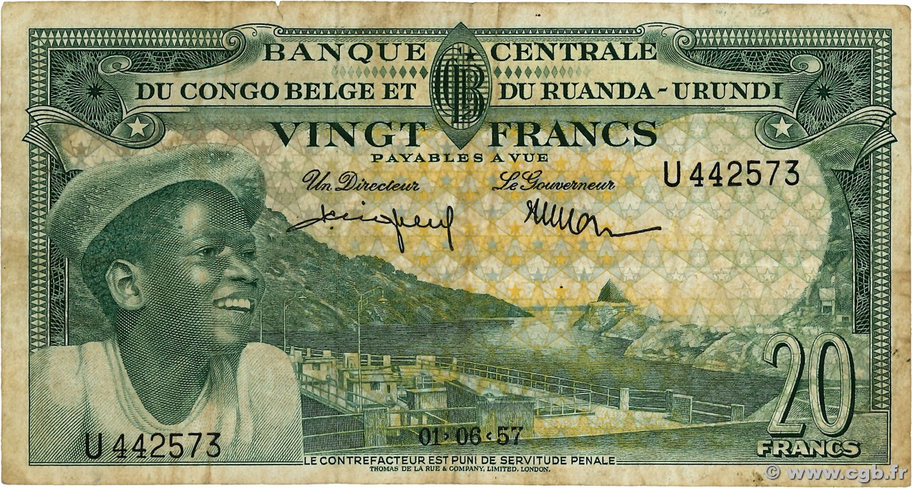 20 Francs CONGO BELGE  1957 P.31 TB