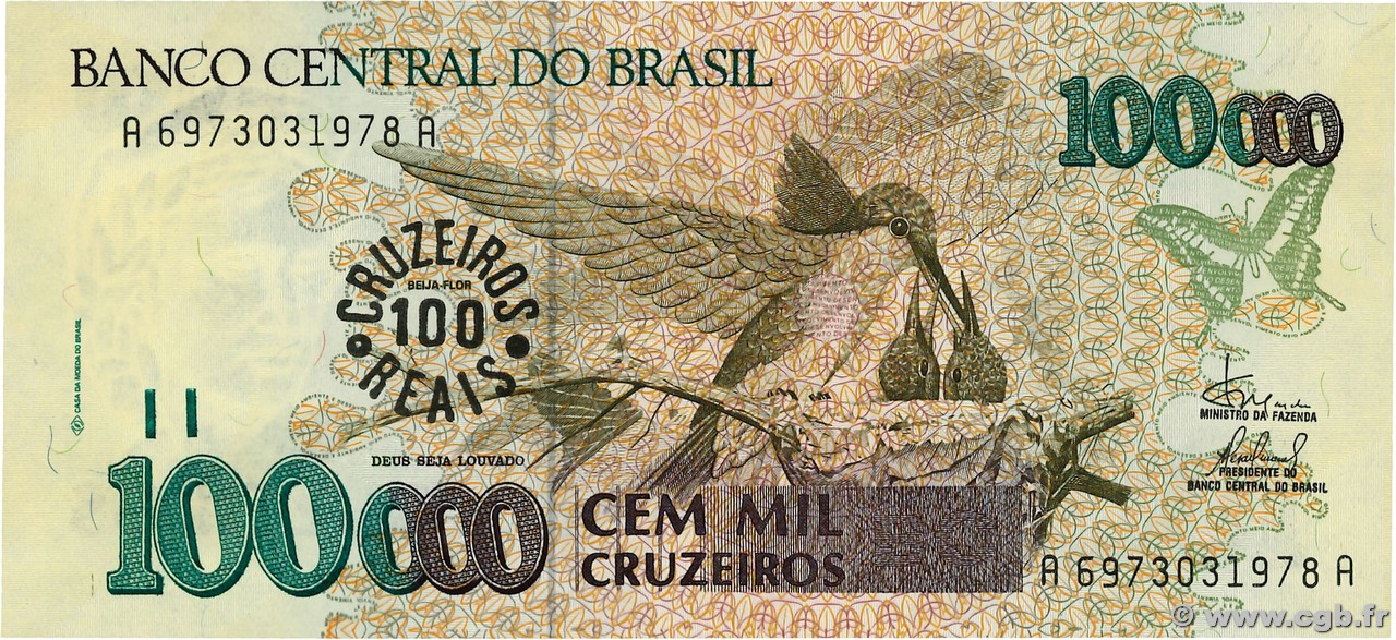 100 Cruzeiros Reais sur 100000 Cruzeiros BRASIL  1993 P.238 FDC