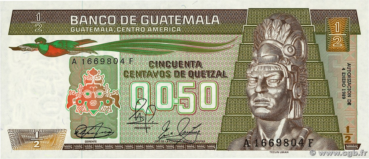 50 Centavos de Quetzal GUATEMALA  1989 P.065 UNC