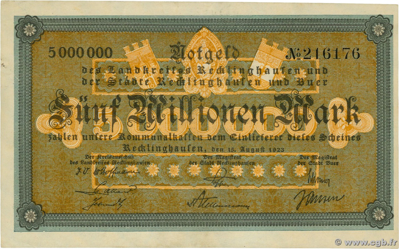 5 Millions Mark ALLEMAGNE Recklinghausen 1923  pr.NEUF