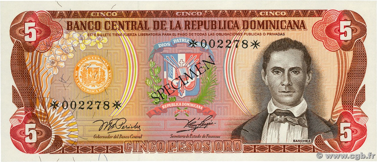 5 Pesos Oro Spécimen RÉPUBLIQUE DOMINICAINE  1978 P.118as NEUF
