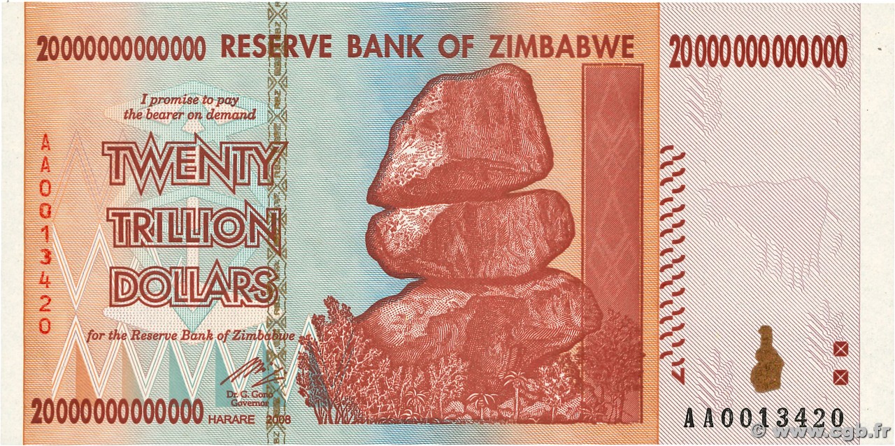 20 Trillions Dollars ZIMBABWE  2008 P.89 UNC