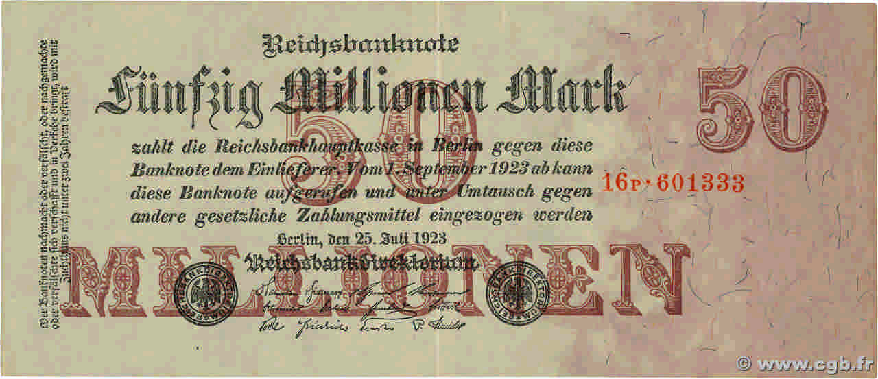 50 Millions Mark GERMANY  1923 P.098a VF+