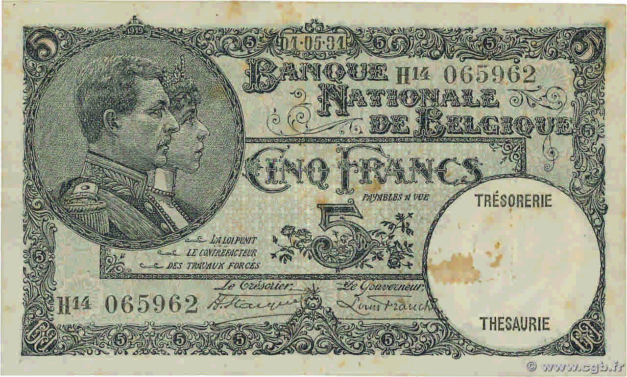 5 Francs BELGIQUE  1931 P.097b TTB