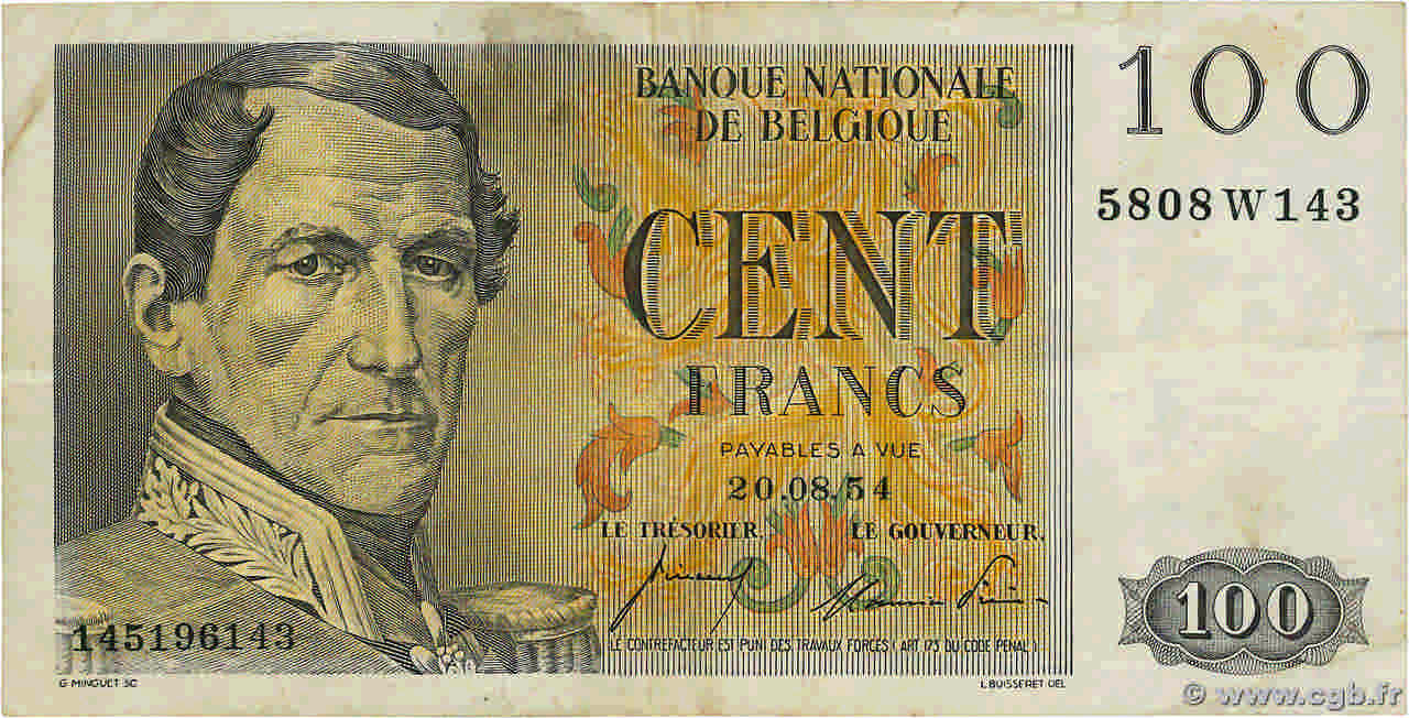 100 Francs BELGIQUE  1954 P.129b TTB