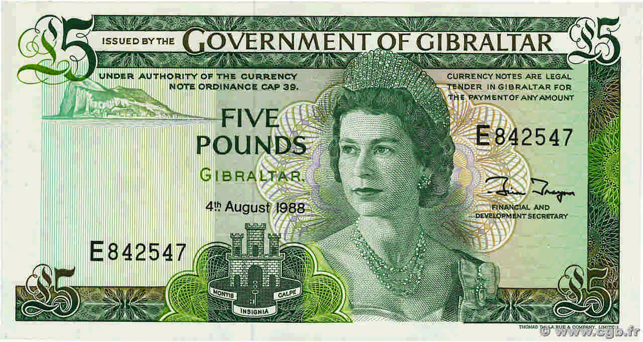 5 Pounds GIBRALTAR  1988 P.21b AU+