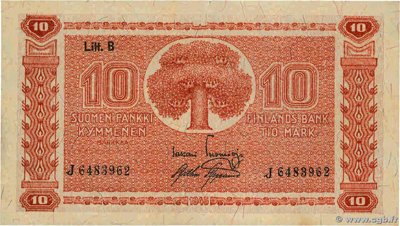 10 Markkaa FINLANDE  1945 P.085 TTB+