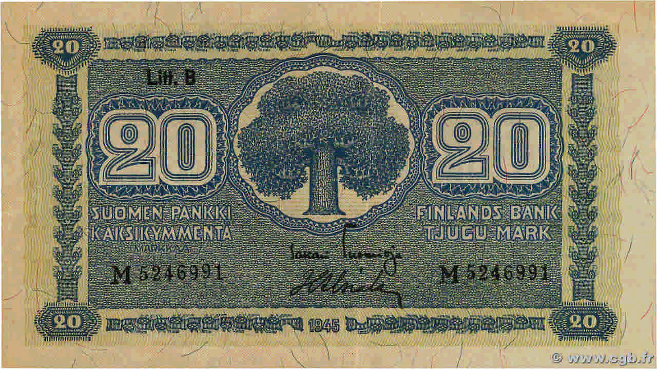 20 Markkaa FINLAND  1945 P.086 XF