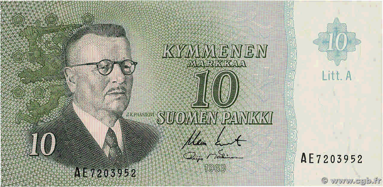 10 Markkaa FINLAND  1963 P.104a UNC