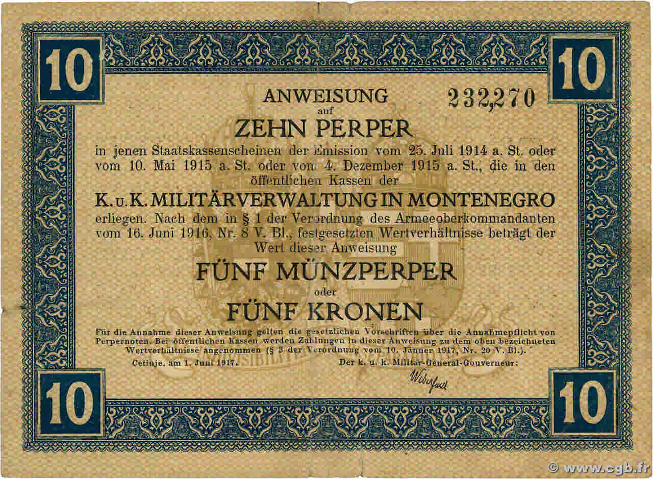 10 Perpera MONTENEGRO  1917 P.M.151 TTB
