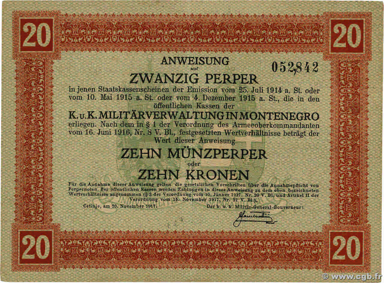 20 Perpera MONTENEGRO  1917 P.M.152 pr.SPL