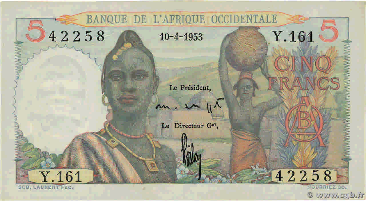 5 Francs FRENCH WEST AFRICA  1953 P.36 UNC